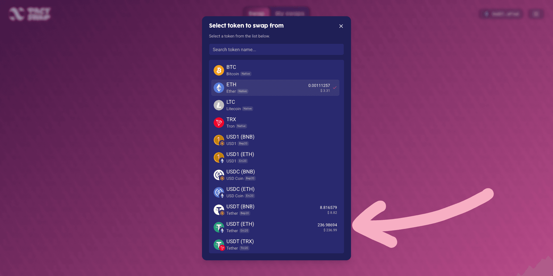 Select token from list