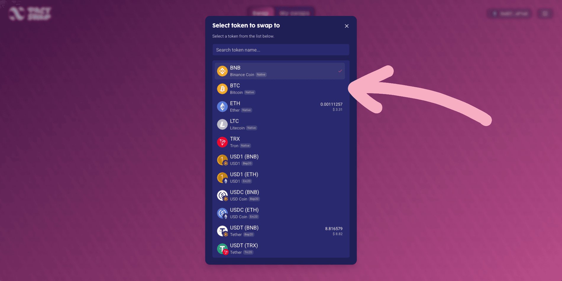 Select destination token from list